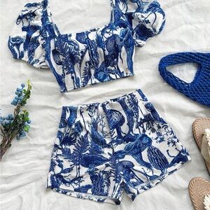 Blue and White Printed Two-Piece Set